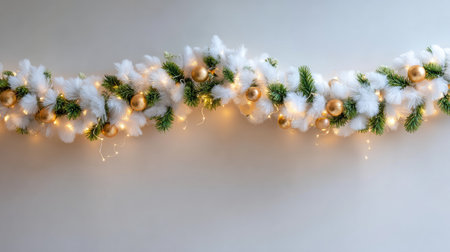 Beautifully crafted Christmas garland featuring soft white elements, golden ornaments, and twinkling lights, perfect for adding festive charm to any holiday setting.の素材