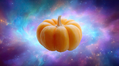 A vibrant orange pumpkin gracefully floats in a captivating cosmic backdrop filled with colorful stars and nebulas. Perfect for autumn and Halloween themes.の素材