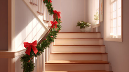 A beautifully decorated staircase for Christmas, featuring a garland with bows. The warm wood tones and soft light create a welcoming and festive atmosphere in the home.の素材