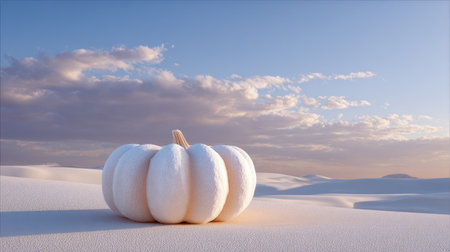 A solitary white pumpkin rests elegantly on smooth desert sand under a blue sky filled with clouds, creating a tranquil and minimalist fall atmosphere.の素材