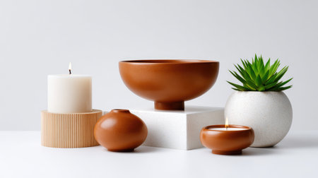 Explore a stylish arrangement featuring ceramic pots, a lush succulent, and elegant candles on a minimalist background, perfect for home decor inspiration.の素材