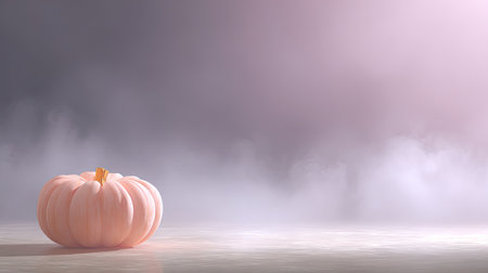 A soft pink pumpkin rests on a reflective surface, surrounded by a gentle haze, creating an atmospheric setting perfect for autumn decor and seasonal inspiration.の素材