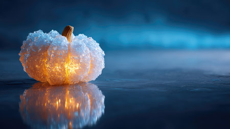 A striking ice pumpkin glows softly on a reflective surface, creating a magical ambiance. This unique decor piece beautifully enhances any Halloween celebration or autumn gathering.の素材