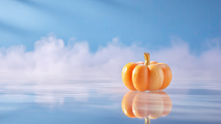 A singular orange pumpkin rests on a sleek surface, reflecting its vibrant color against a dreamy misty backdrop and soft blue skies, embodying seasonal beauty.の素材