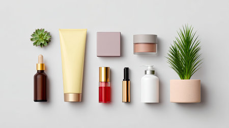 This visually pleasing flat lay showcases a selection of skincare and beauty products alongside a delicate succulent plant, ideal for wellness and self-care inspiration.の素材