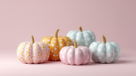 This image showcases a charming arrangement of decorative pumpkins featuring polka dots in pastel colors on a soft pink background, perfect for autumn decor.の素材
