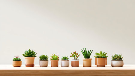 Discover a beautiful arrangement of various succulent plants in unique pots, perfect for home decoration. This minimalist scene promotes tranquility and natural beauty.の素材