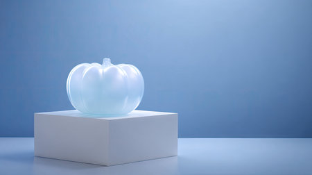 A stunning glass pumpkin sculpture is beautifully displayed on a white pedestal, set against a serene blue background, evoking elegance and contemporary style.の素材