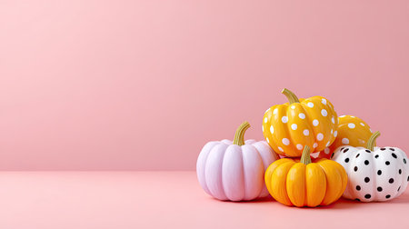 This vibrant arrangement features colorful polka dot pumpkins against a soft pink background, perfect for autumn-themed decorations and festive celebrations.の素材