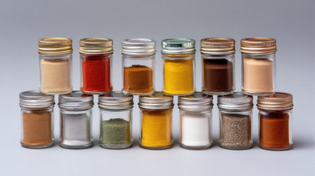 A collection of assorted glass jars filled with various colorful spices and seasonings arranged neatly against a gray backdrop, perfect for culinary imagery.の素材
