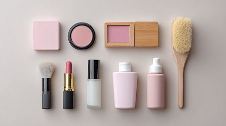 A selection of beauty products arranged elegantly on a soft background. Ideal for showcasing skincare and makeup essentials in a modern aesthetic.の素材