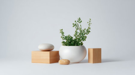 A serene and modern setup featuring a potted green plant, smooth stones, and wooden blocks, perfect for enhancing peaceful home decor and minimalist aesthetics.の素材
