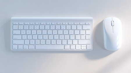 This image features a minimalist white computer keyboard and mouse positioned on a light background, perfect for showcasing modern office design and digital usability.の素材