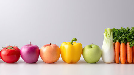 A colorful arrangement of fresh fruits and vegetables displayed on a clean white surface, perfect for illustrating healthy eating concepts, nutrition, and culinary inspiration.の素材
