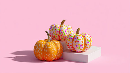 A charming trio of colorful pumpkins adorned with playful polka dots sits atop a white platform against a soft pink background, ideal for seasonal decor.の素材