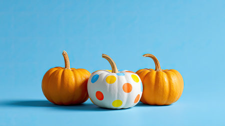 A cheerful arrangement of three pumpkins on a bright blue background, featuring two vibrant orange pumpkins and a whimsical white pumpkin with colorful polka dots.の素材