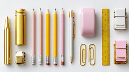 Discover a beautiful collection of elegant stationery items arranged neatly on a white surface. This flat lay showcases pencils, a ruler, clips, and more, perfect for creative projects.の素材