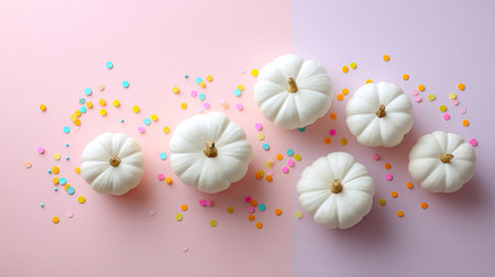 Discover a visually striking arrangement of white pumpkins set against a pastel pink and purple background, enhanced by playful colorful confetti, perfect for autumn themes.の素材