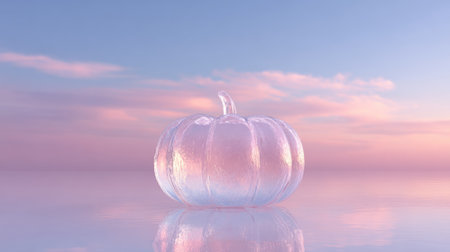 A stunning ethereal pumpkin reflecting in tranquil waters at sunrise, framed by soft pastel skies. Ideal for seasonal themes, decorations, or creative projects.の素材