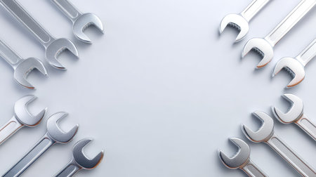 A stunning arrangement of silver wrenches on a clean white backdrop, showcasing mechanical tools essential for repairs and construction. Ideal for various design needs.の素材