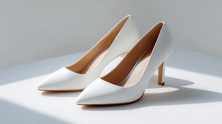 Stylish white high heels placed on a bright surface, ideal for bridal or formal occasions, showcasing modern aesthetic and elegance in fashion and footwear design.の素材
