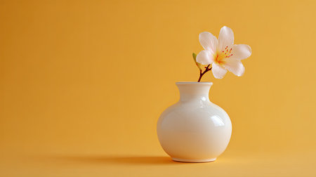 A serene composition featuring a white vase holding a single pink flower, set against a lively yellow background, ideal for home decoration and creative themes.の素材