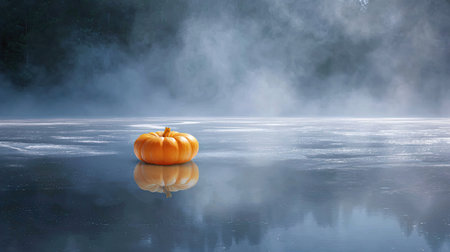 A vibrant orange pumpkin floats on a thin icy surface surrounded by mist, creating a serene and tranquil autumn scene. A perfect capture of nature's beauty.の素材