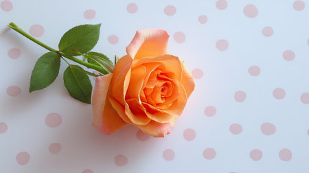 A stunning orange rose set against a gentle white background adorned with soft pink polka dots, ideal for conveying elegance and romance in various creative projects.の素材