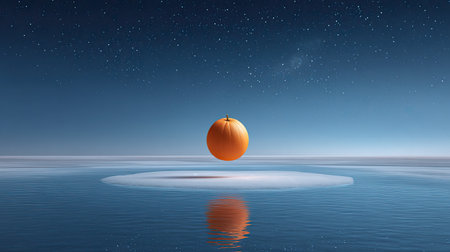 An imaginative scene featuring a vibrant orange fruit floating above calm water, reflecting on its surface under a serene starry night sky, evoking a sense of tranquility.の素材