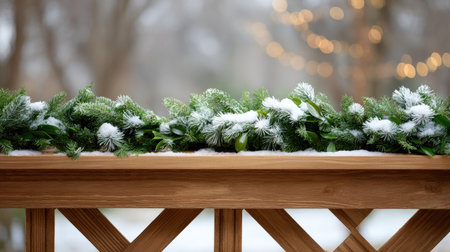 Captivating winter scene featuring fresh greenery adorned with snow, resting elegantly on a wooden railing, surrounded by warm glowing lights, creating a cozy atmosphere.の素材