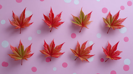 A striking display of colorful maple leaves arranged in a symmetrical pattern on a soft pink background adorned with playful polka dots, ideal for seasonal art.の素材