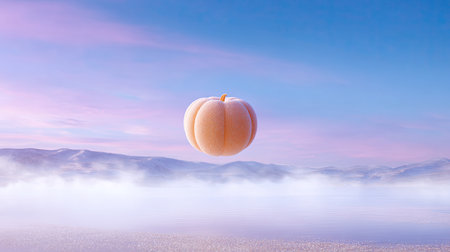 A floating pumpkin creates a whimsical atmosphere against a serene landscape featuring soft pastel skies and misty water, evoking autumn's enchanting charm.の素材
