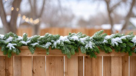 A beautiful wooden fence adorned with a festive evergreen garland lightly dusted with snow, creating a serene winter atmosphere perfect for holiday themes.の素材