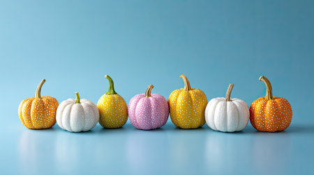 This image showcases a playful arrangement of colorful pumpkins adorned with polka dots, set against a soft blue background, perfect for autumn decor.の素材