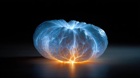 This mesmerizing abstract image features a glowing blue lightning ball illuminated against a dark background, showcasing intricate patterns of energy and light.の素材