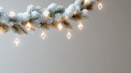A stunning pine garland dusted with snow and adorned with warm lights creates a cozy atmosphere, perfect for winter celebrations. Ideal for festive decorations.の素材