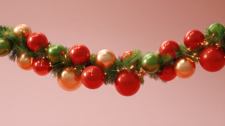 A beautiful garland featuring shiny ornaments in red, green, and gold, intertwined with evergreen foliage, perfect for enhancing any holiday atmosphere and decor.の素材