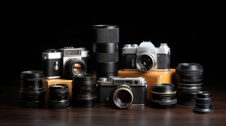 A captivating arrangement of vintage cameras and lenses displayed elegantly on wooden stands, perfect for photography enthusiasts seeking inspiration and nostalgia.の素材