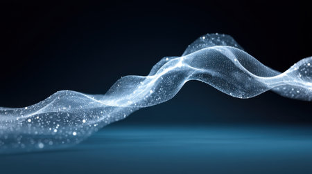 A mesmerizing flow of light particles creates a graceful wave in a dark space, illustrating concepts of energy, motion, and ethereal beauty in a digital context.の素材