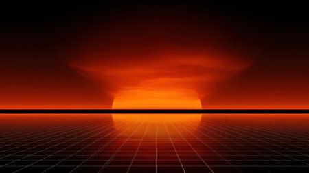 Explore a breathtaking sunset scene featuring a vibrant orange and red sky with striking reflections on calm water, set against a minimalist grid for a modern touch.の素材