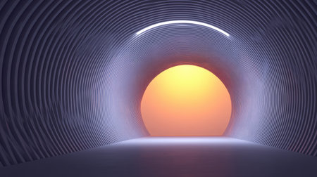 A visually stunning abstract tunnel featuring smooth, textured walls and a glowing orange circle at the end, capturing the essence of modern design and tranquility.の素材