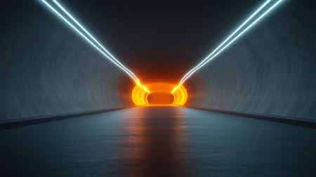 A captivating futuristic tunnel featuring bright neon lights that reflect on a wet surface, creating a striking atmosphere perfect for sci-fi themes and visual designs.の素材