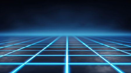 This digital illustration features a futuristic grid with blue neon lines set against a dark background, perfect for technology themes and digital design projects.の素材