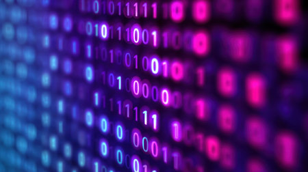 This vibrant digital background features an array of binary code in striking blue and purple hues, perfect for illustrating technology, data, and innovation concepts.の素材