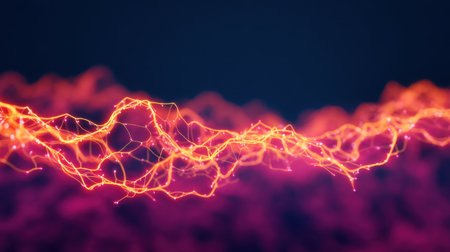 This abstract image showcases dynamic flowing lines in vibrant orange and pink hues against a dark background, representing energy and movement in a futuristic design.の素材