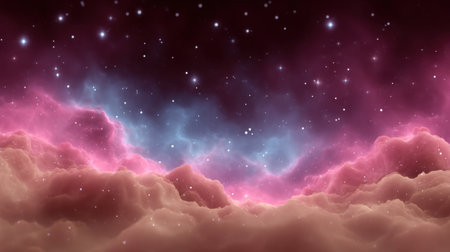 A stunning cosmic landscape featuring a colorful nebula and countless stars set against a dreamy cloud base, creating an ethereal atmosphere of exploration and beauty.の素材