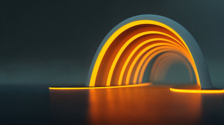 This abstract image features a glowing archway structure illuminated by warm orange lights, set against a moody background, ideal for artistic projects and creative designs.の素材