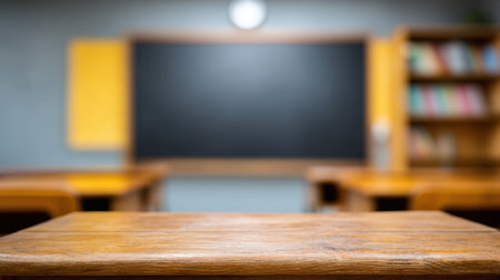 A classroom setting featuring a wooden desk in the foreground with a blurred blackboard in the background. Ideal for educational themes and school environments.の素材