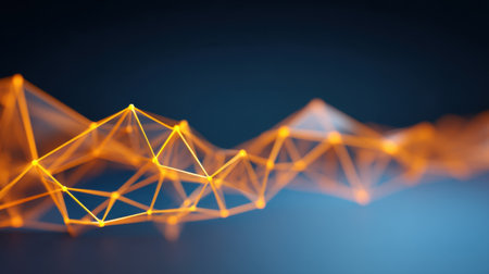 Vibrant abstract composition featuring orange geometric lines and dots that create a dynamic wave effect against a blue gradient background, symbolizing technology.の素材