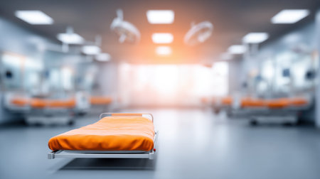 This image showcases an empty hospital room featuring an orange bed surrounded by modern medical equipment, emphasizing cleanliness and a serene atmosphere in healthcare.の素材